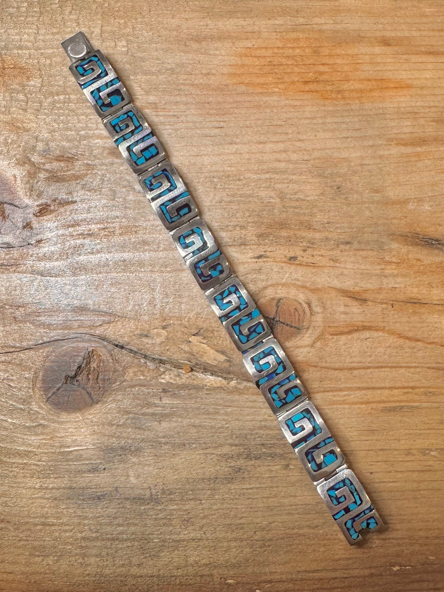 Vintage Turquoise Inlay Mexican 925 Silver 7 inch Bracelet