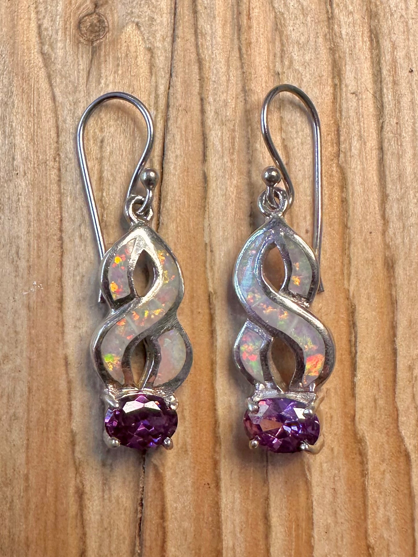 Vintage Amethyst and Opal 925 Sterling Silver Earrings