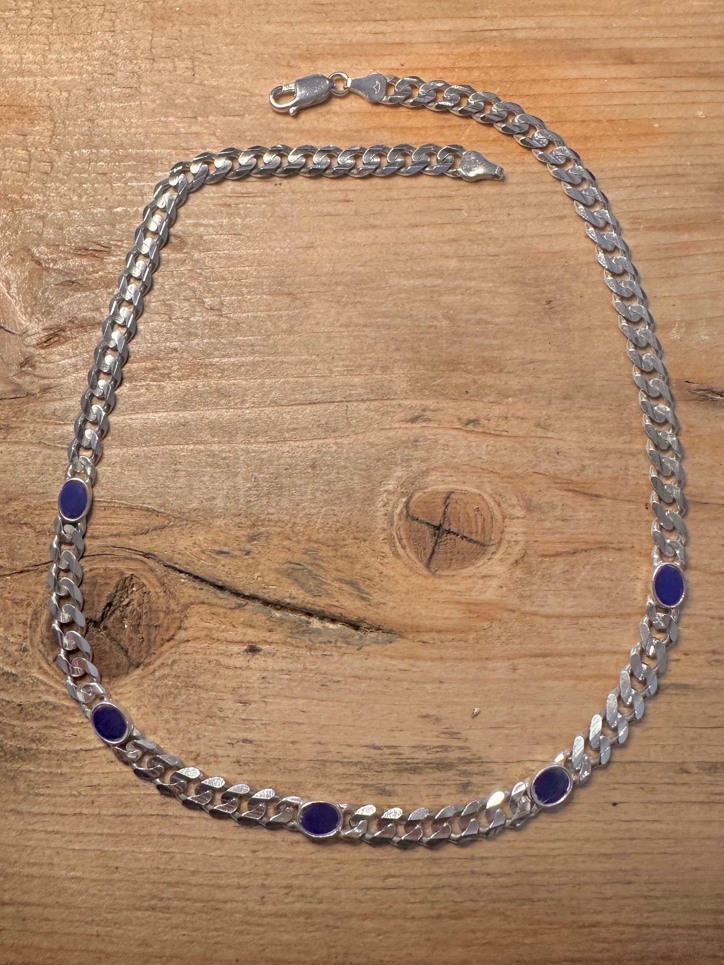 Vintage Curb Chain and Lapis Link 925 Silver 17.3 inch Necklace