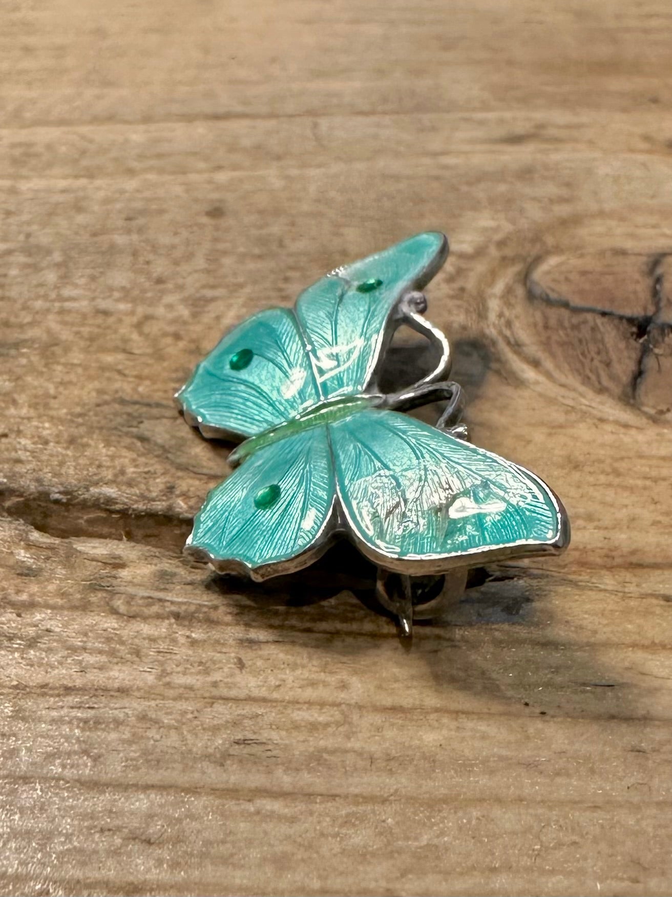 Vintage John Atkins Enamel Blue and Green Butterfly 925 Silver Brooch