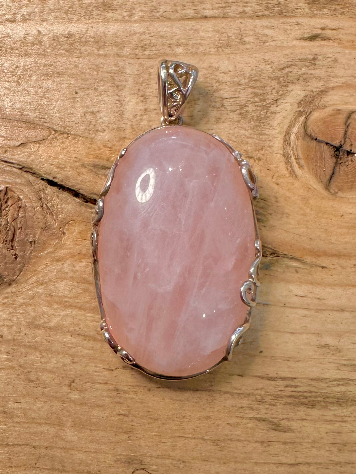 Vintage Rose Quarts Oval Floral Mount 925 Silver Pendant