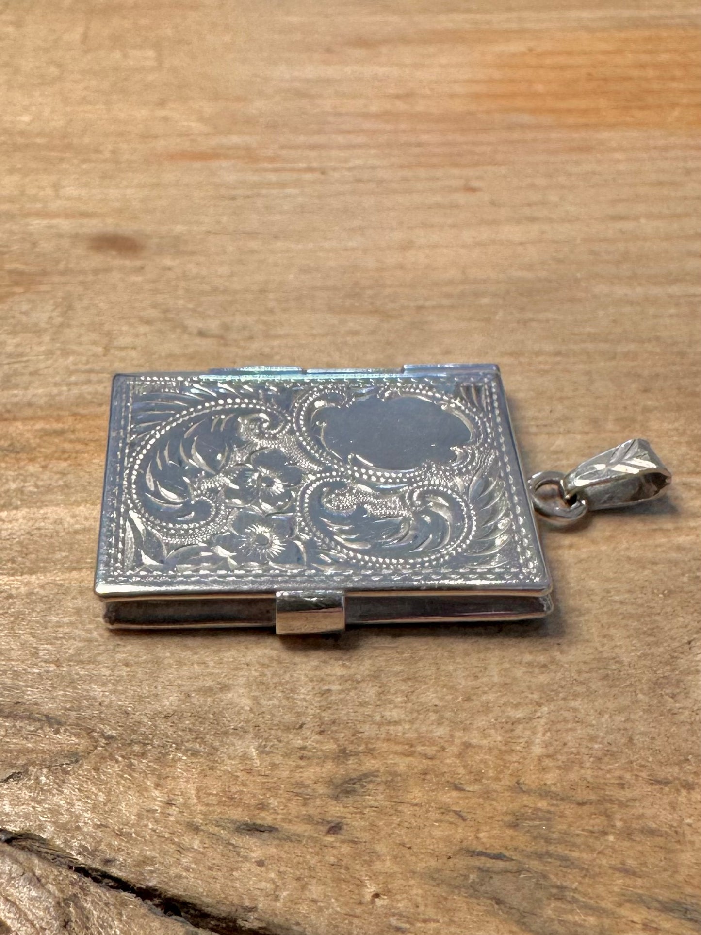 Vintage Engraved Rectangle Book 925 Silver Locket Pendant