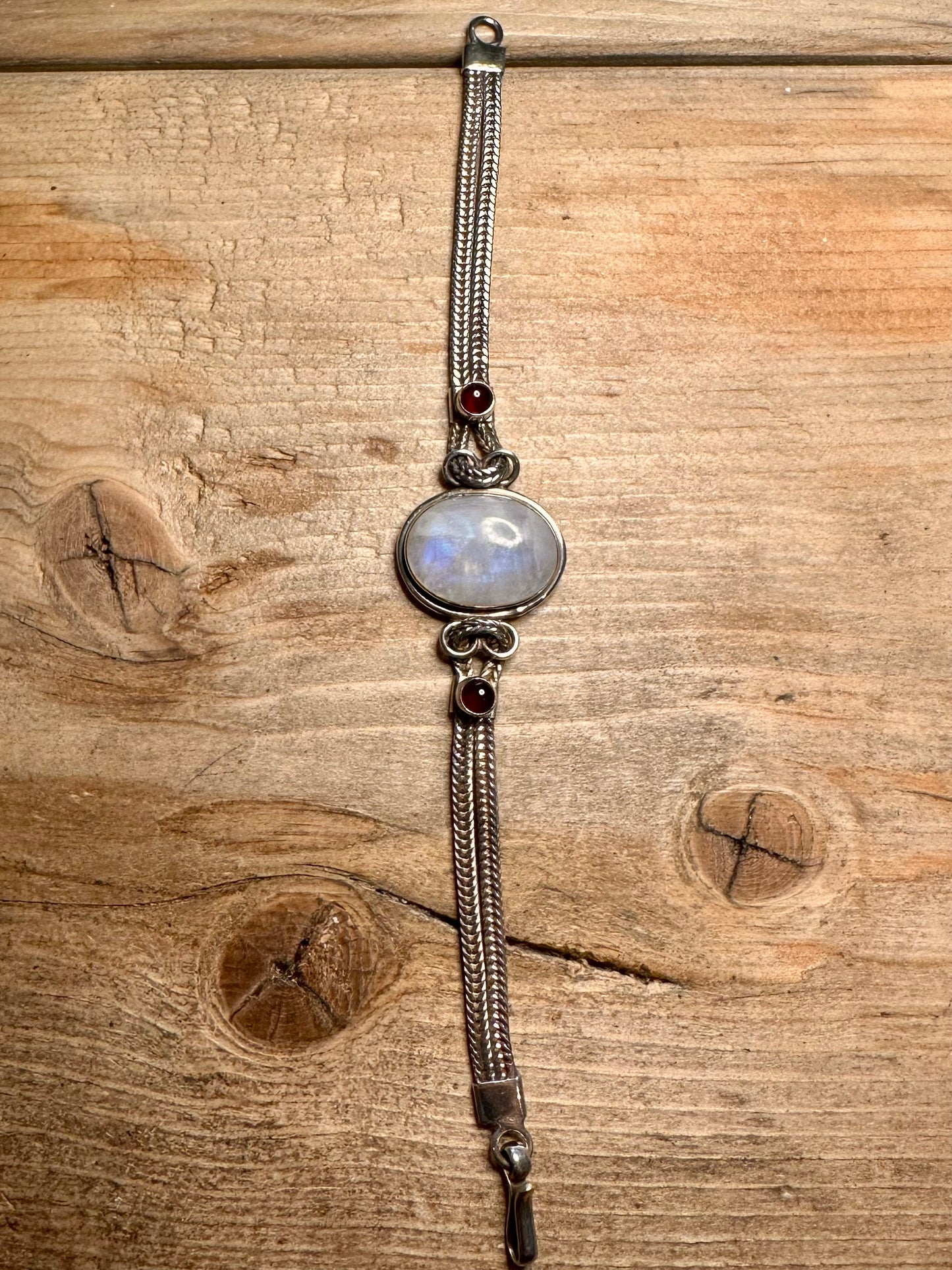 Vintage Moonstone and Garnet Foxtail Chain 925 Silver 7 inch Bracelet