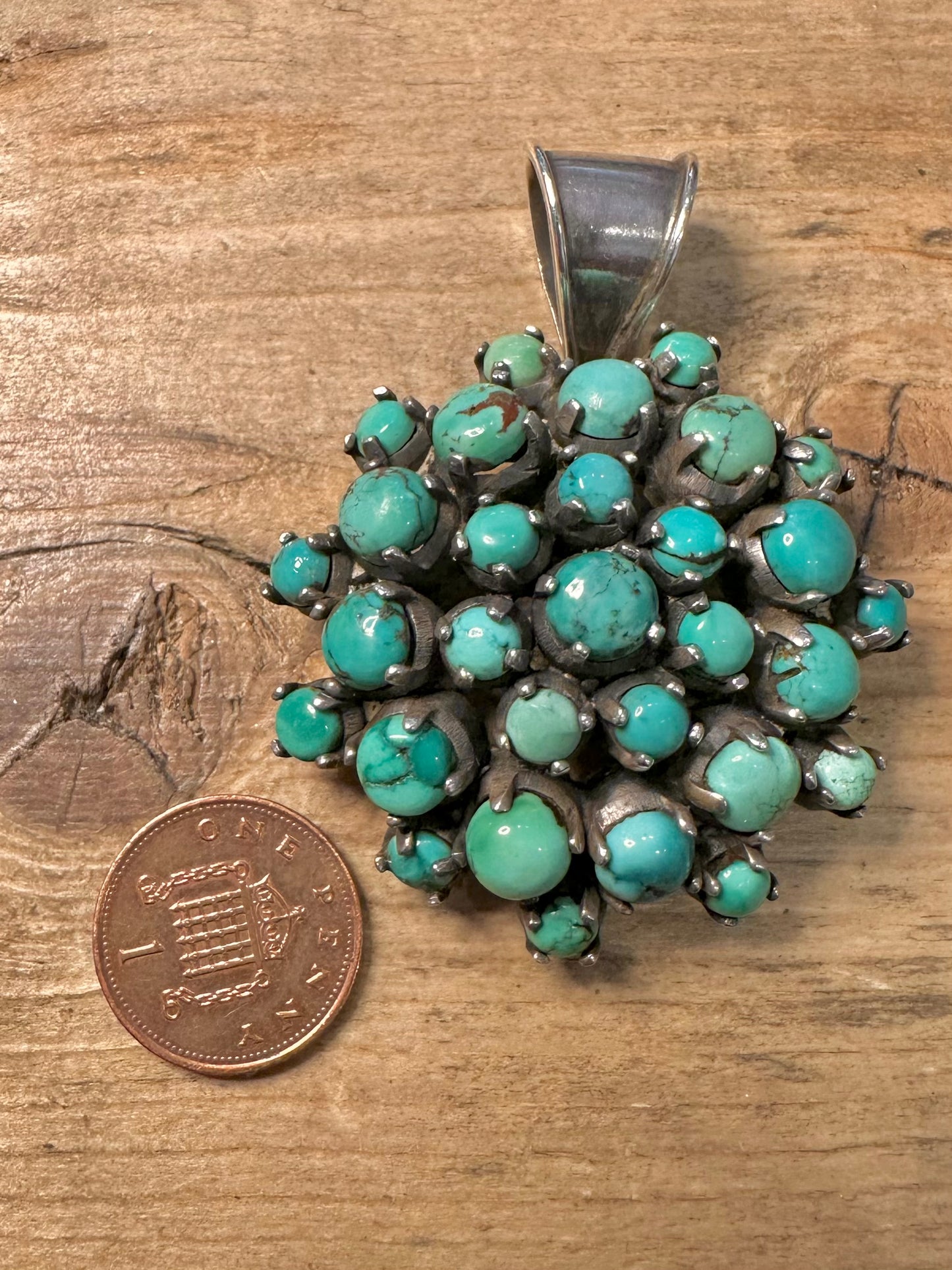 Vintage Native American Turquoise Cluster 925 Silver Pendant