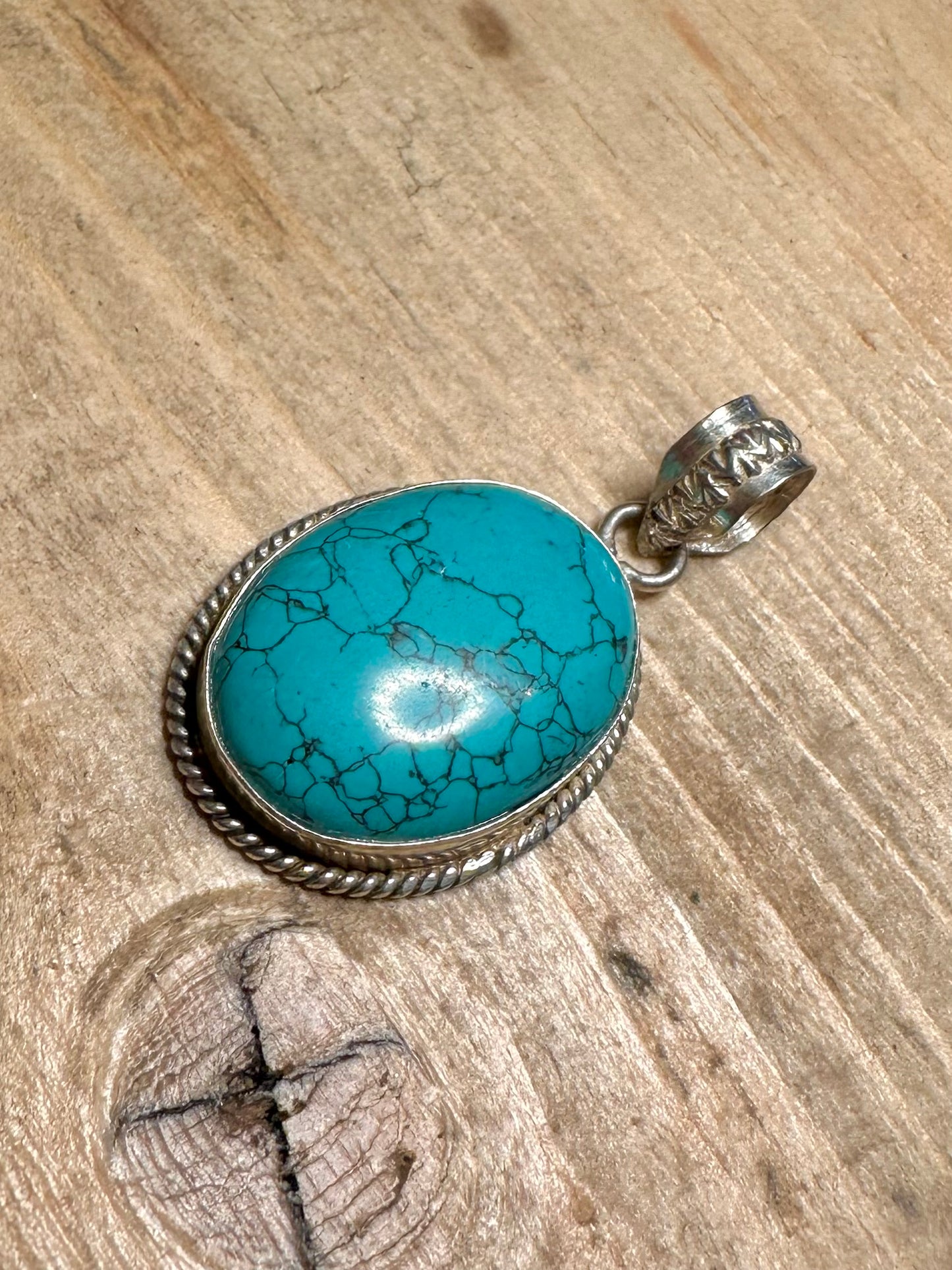 Vintage Polished Turquoise Oval 925 Silver Pendant