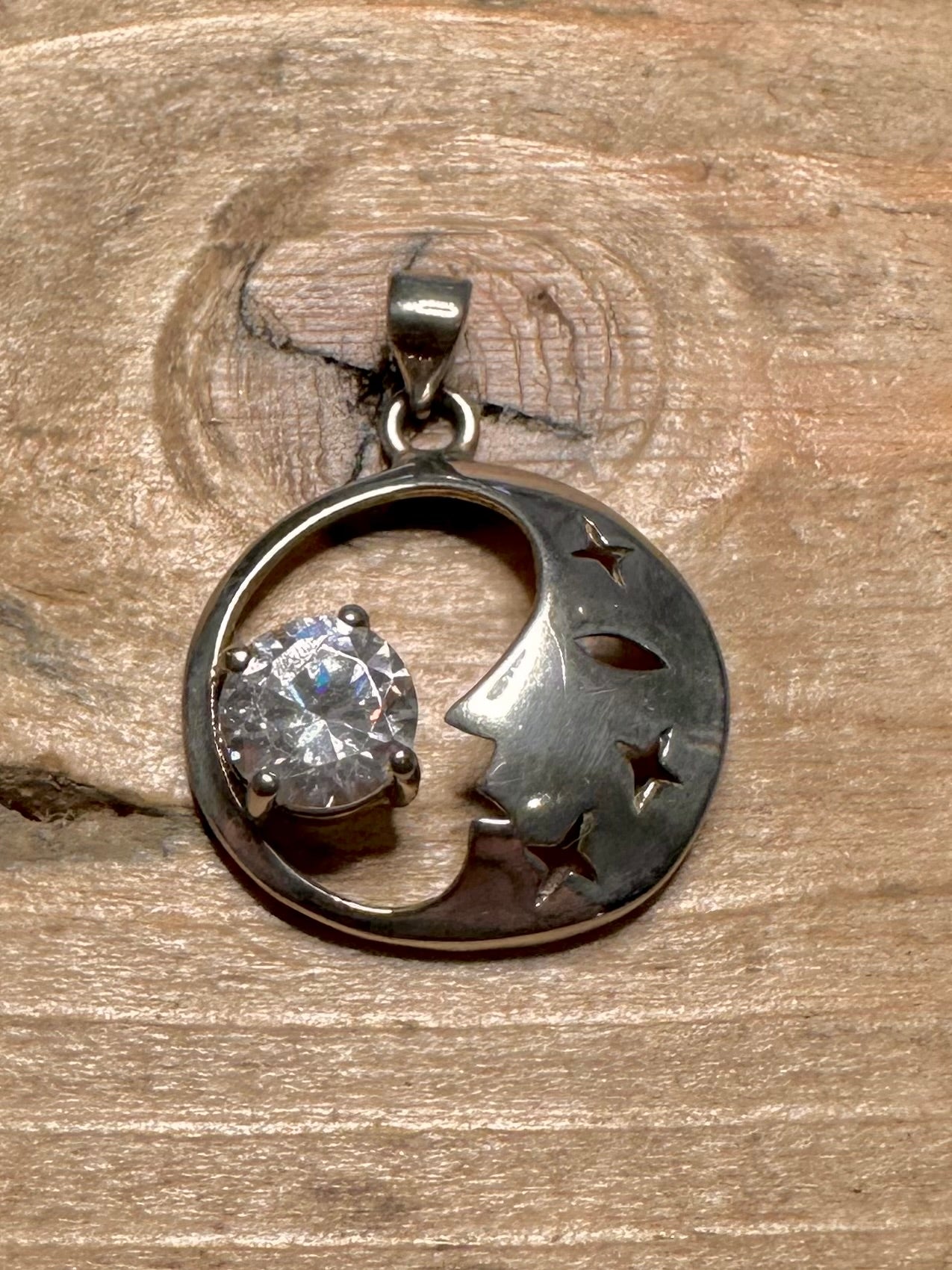 Vintage Moon and Large CZ Stone 925 Silver Pendant