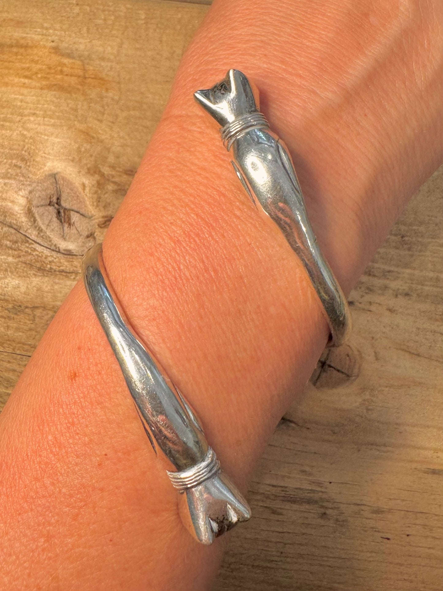 Abstract Double Ended Cat Head 925 Silver Cuff Bangle