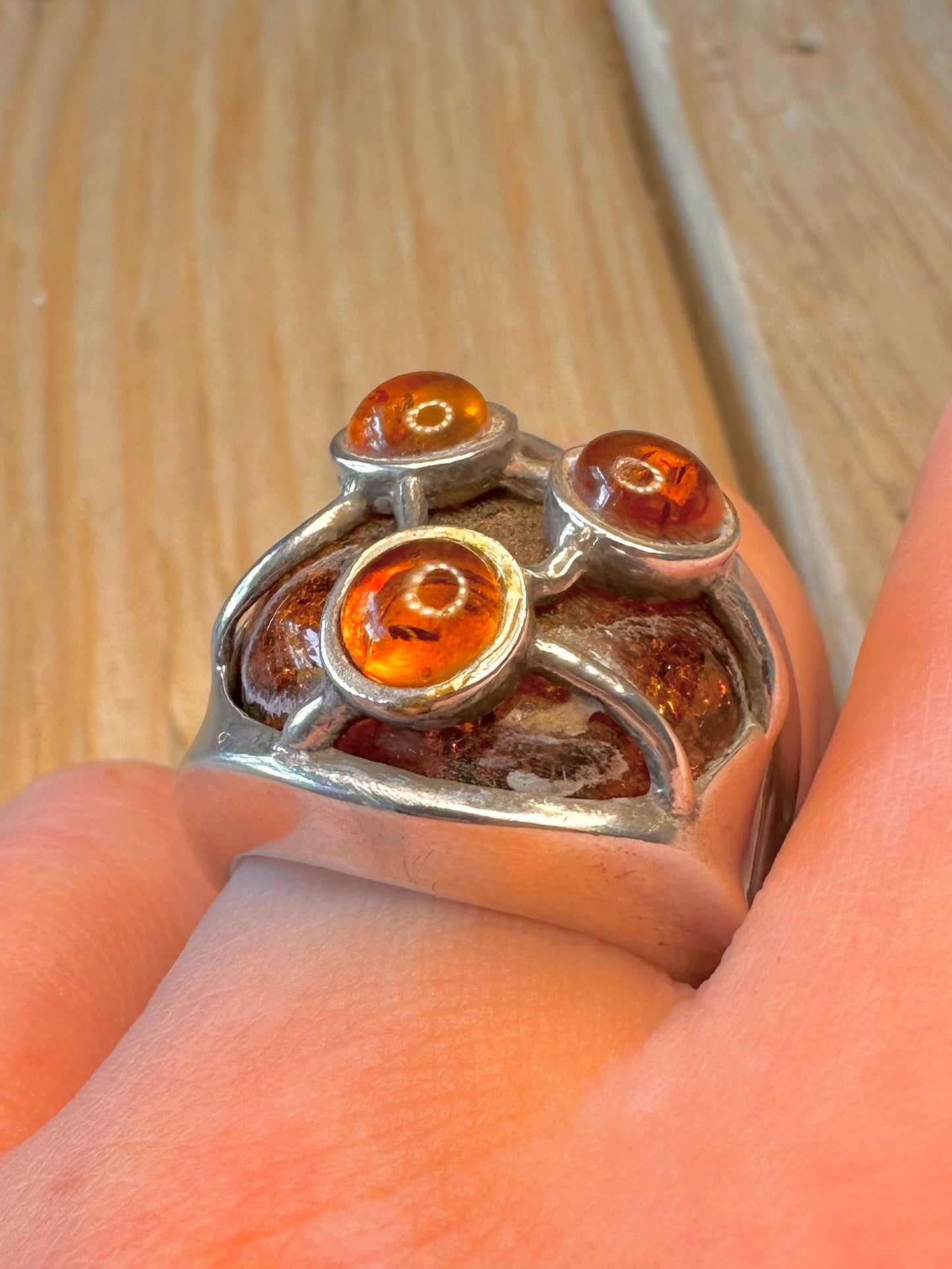 Abstract Amber Dome 925 Sterling Silver Size Q Ring