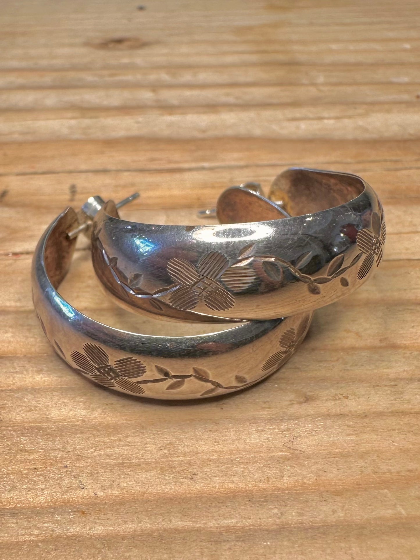 Vintage Floral Engraved Wide Half Hoops 925 Sterling Silver Earrings