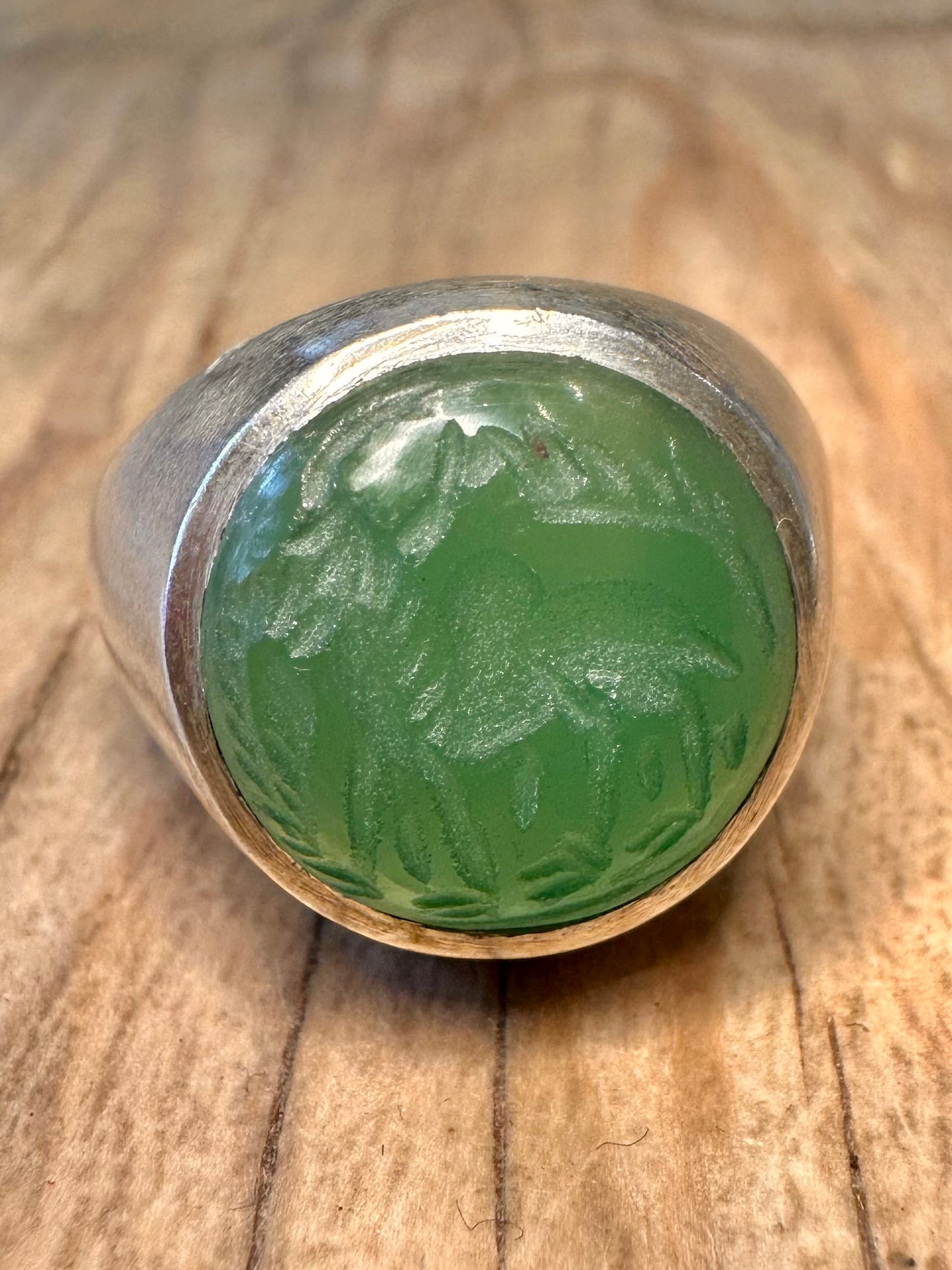 Vintage Animal Chrysoprase Intaglio Signet 925 Sterling Silver Size Q1/2 Ring