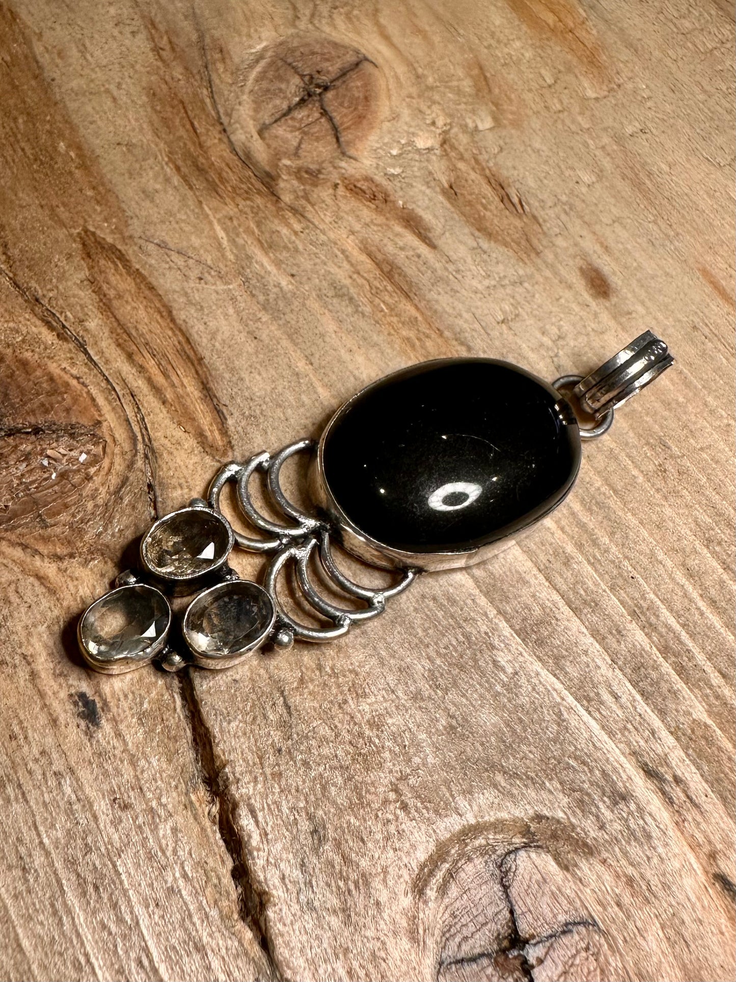 Vintage Black Oval and Smokey Quarts 925 Silver Pendant