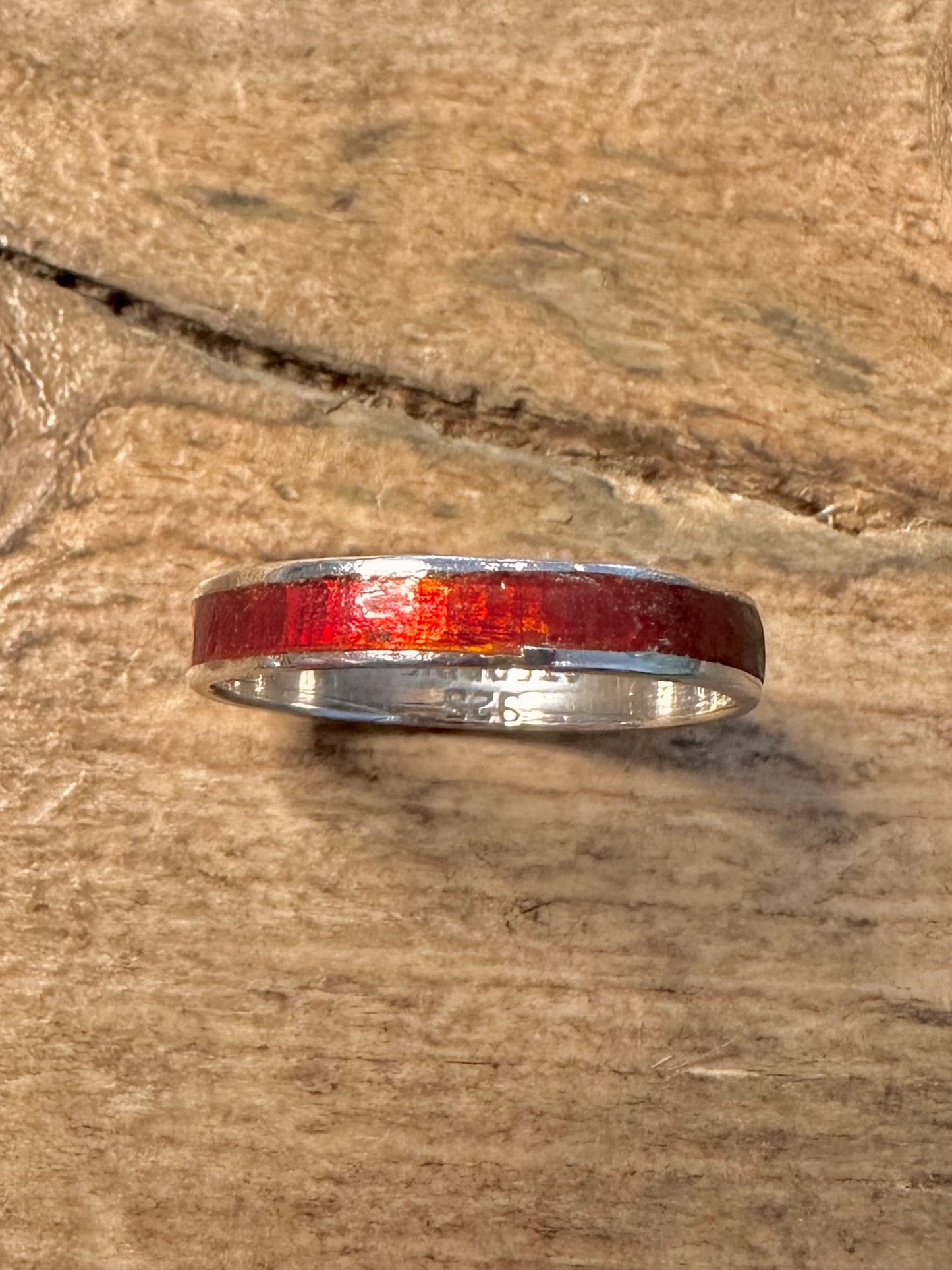 Vintage Red Enamel Band 925 Silver Size P Ring