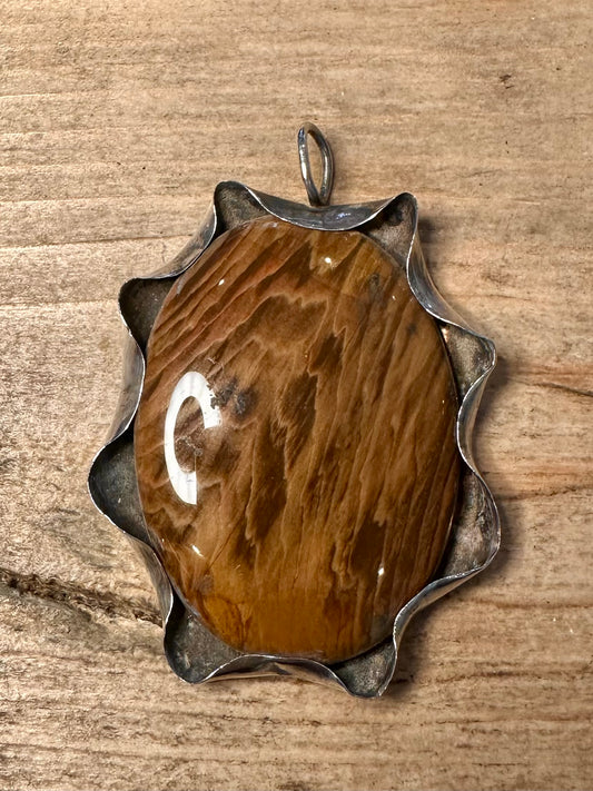 Vintage 1977 Large Oval Brown Jasper 925 Silver Pendant