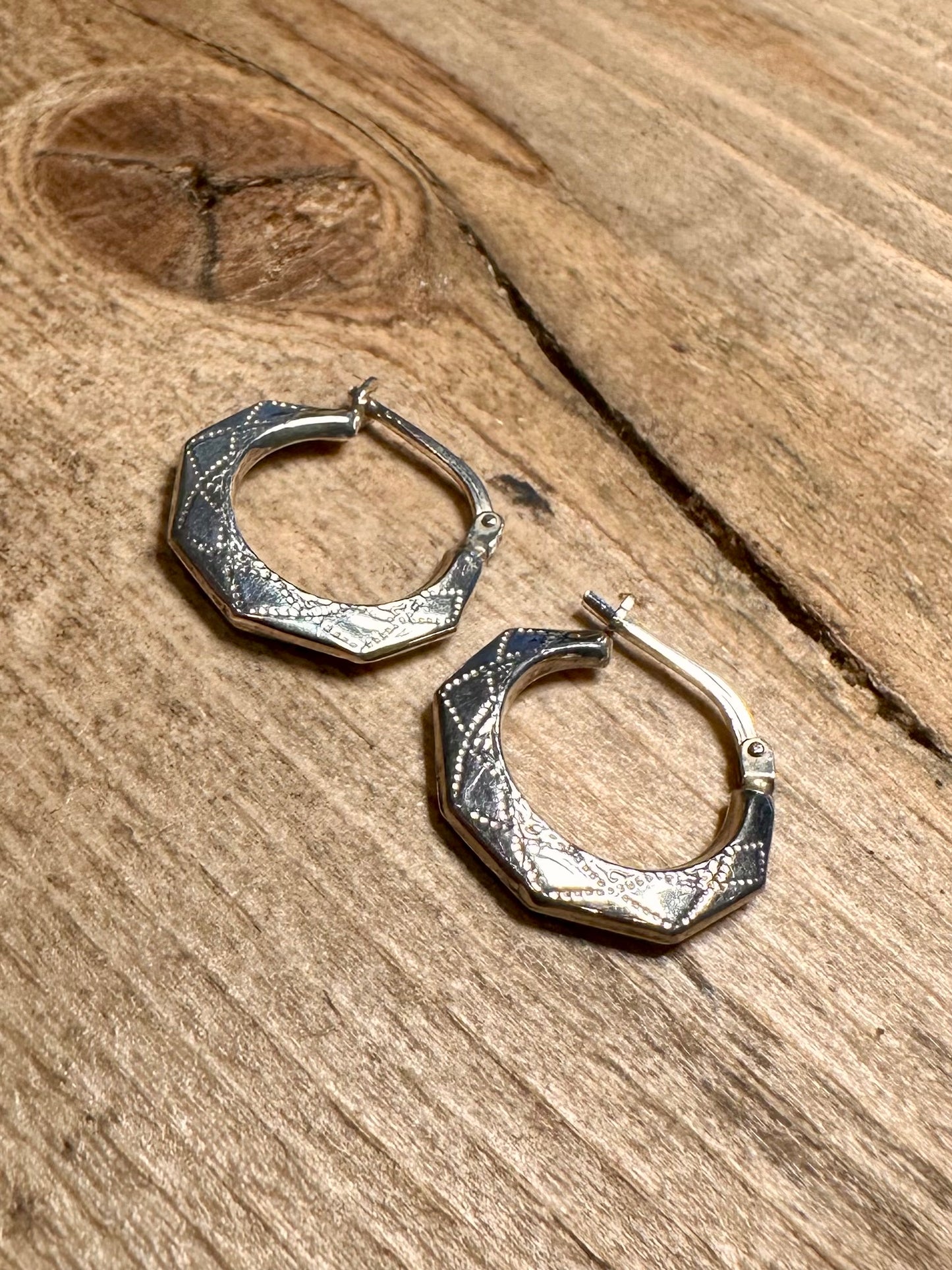 Vintage Engraved Octagon Hoops 925 Silver Earrings