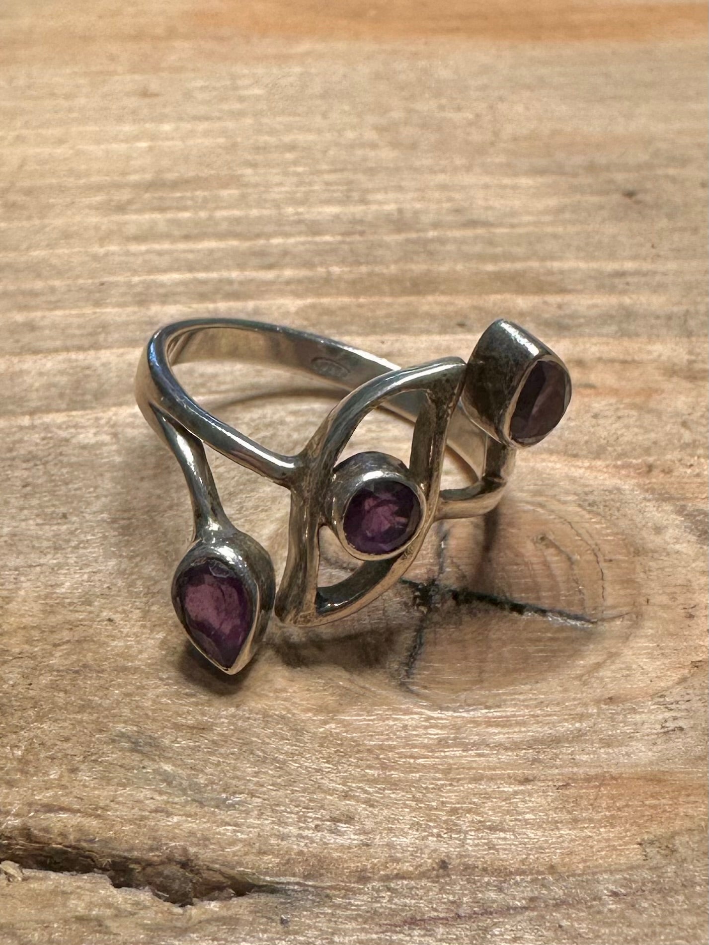 Abstract Amethyst 925 Silver Size T1/2 Ring