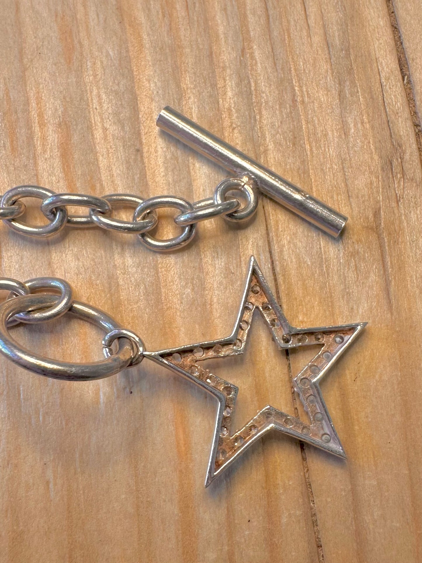Vintage CZ Star T Bar Clasp Belcher Chain 925 Silver 16 inch Necklace