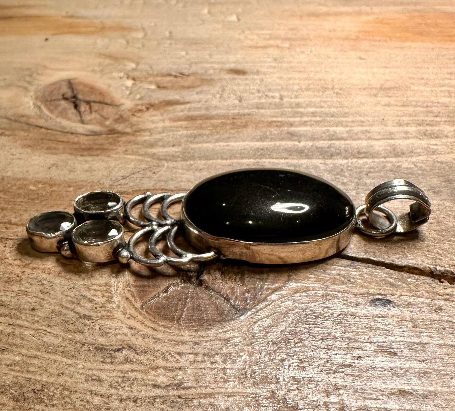 Vintage Black Oval and Smokey Quarts 925 Silver Pendant