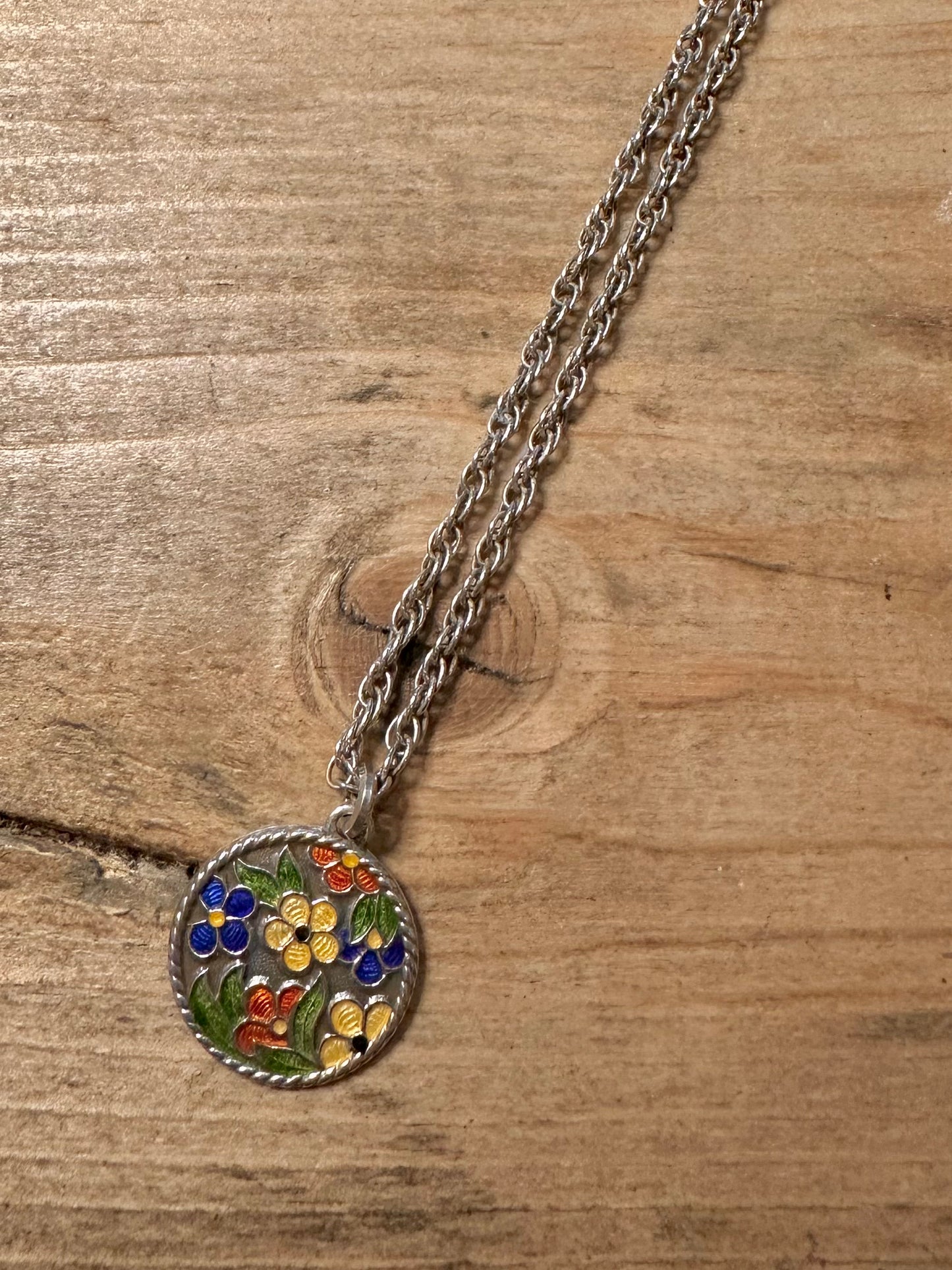 Vintage Enamel Flower Rope Chain 925 Silver 18 inch Necklace