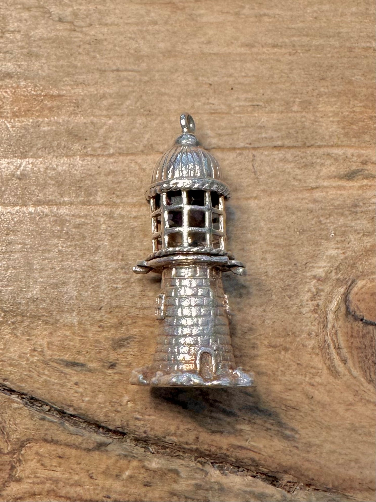 Vintage Lighthouse with Crystal inside 925 Silver Charm Pendant