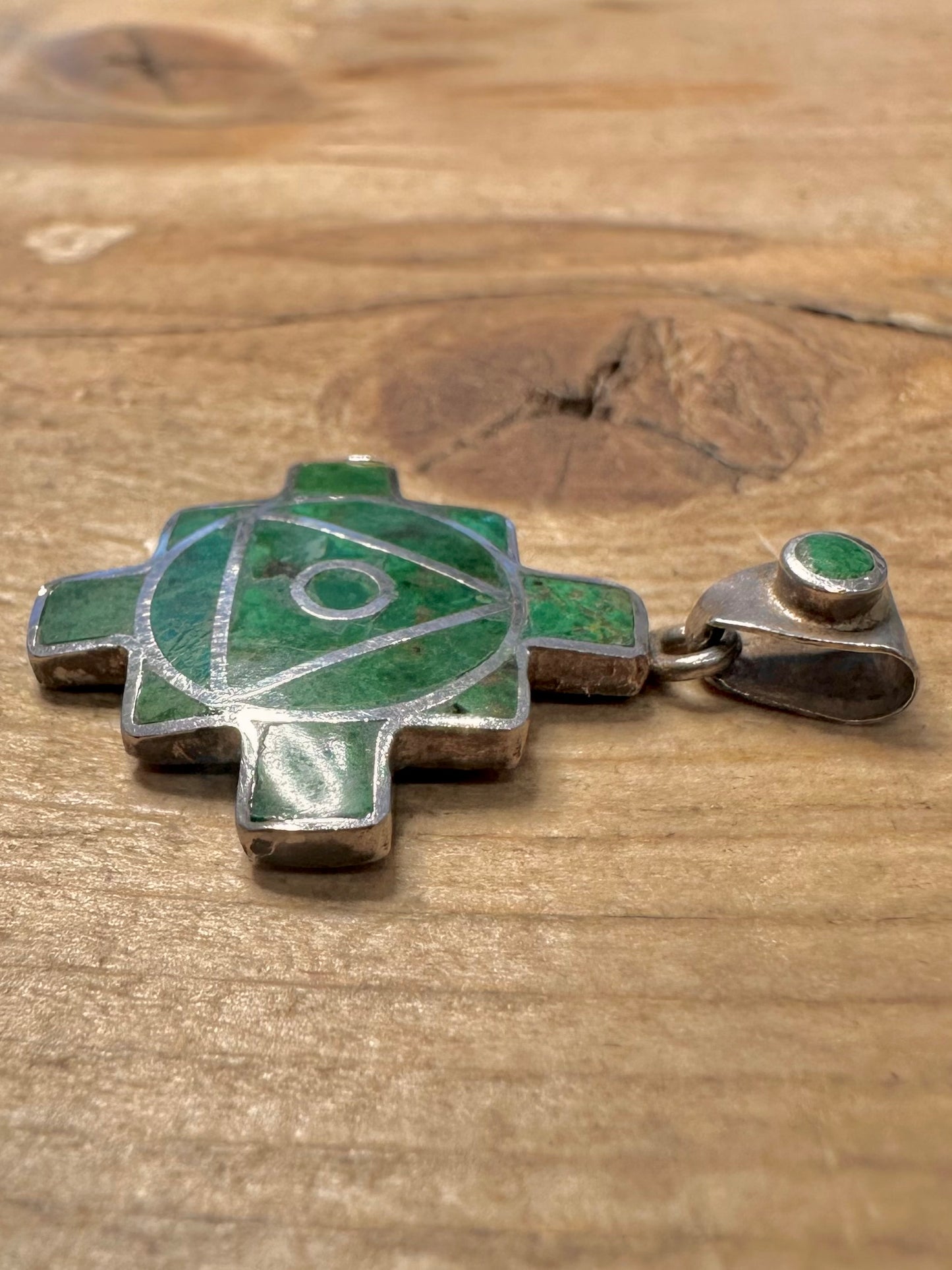 Vintage Green Chrysocolla Andean Cross 950 Silver Pendant