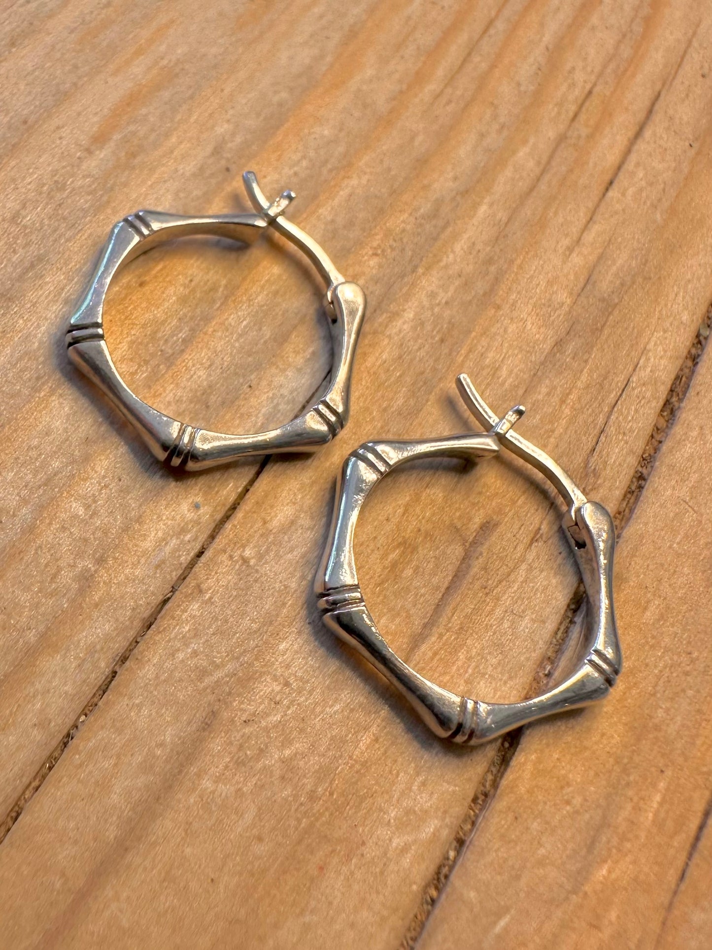 Vintage Bamboo Style Hoops 925 Silver Earrings