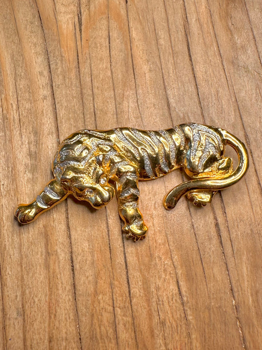 Vintage 1980s Tiger CZ White Eyes Gold Tone Costume Brooch