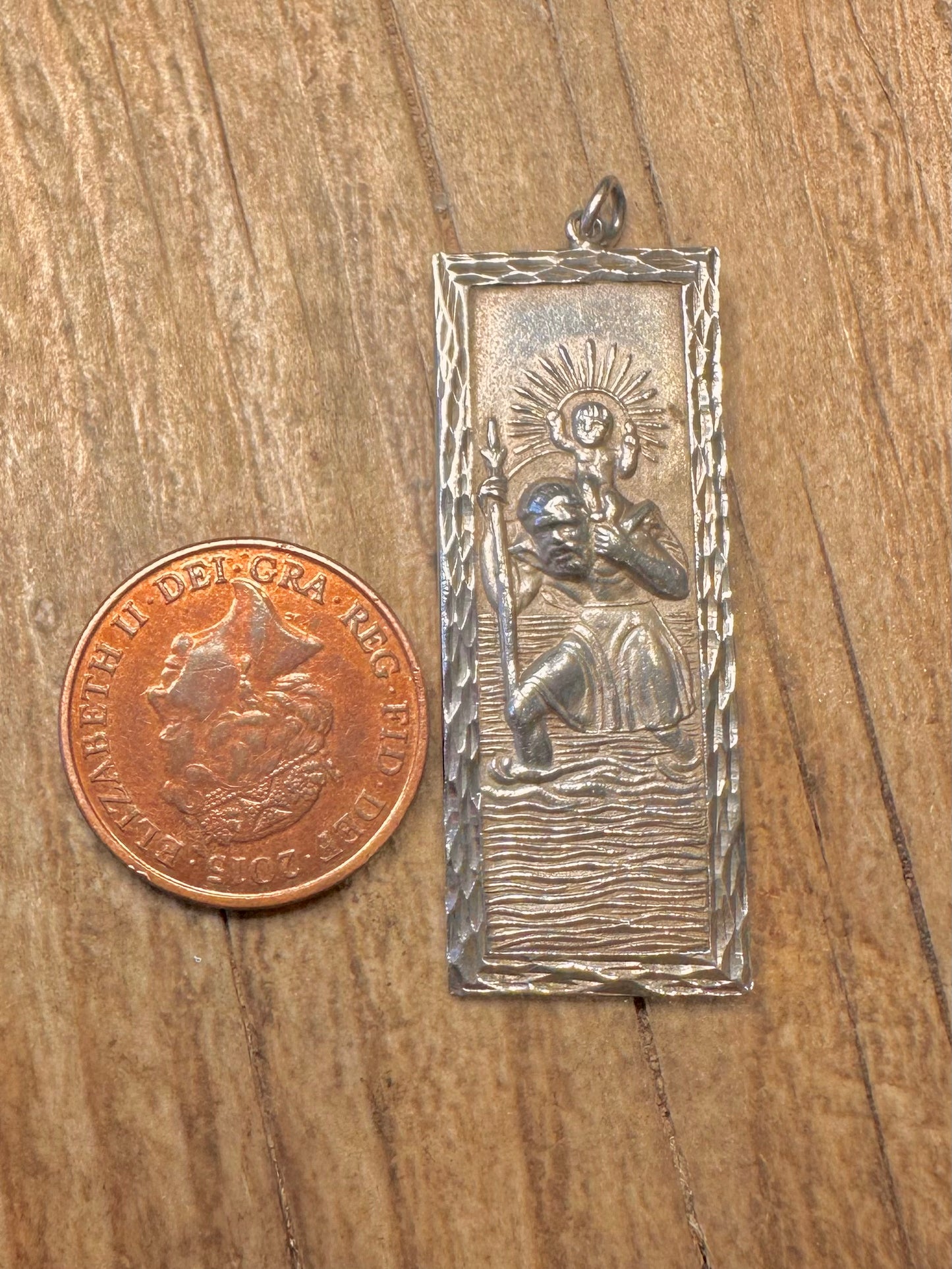 Vintage 1981 Heiliger Christophorus Rechteckiger 925 Sterling Silber Anhänger