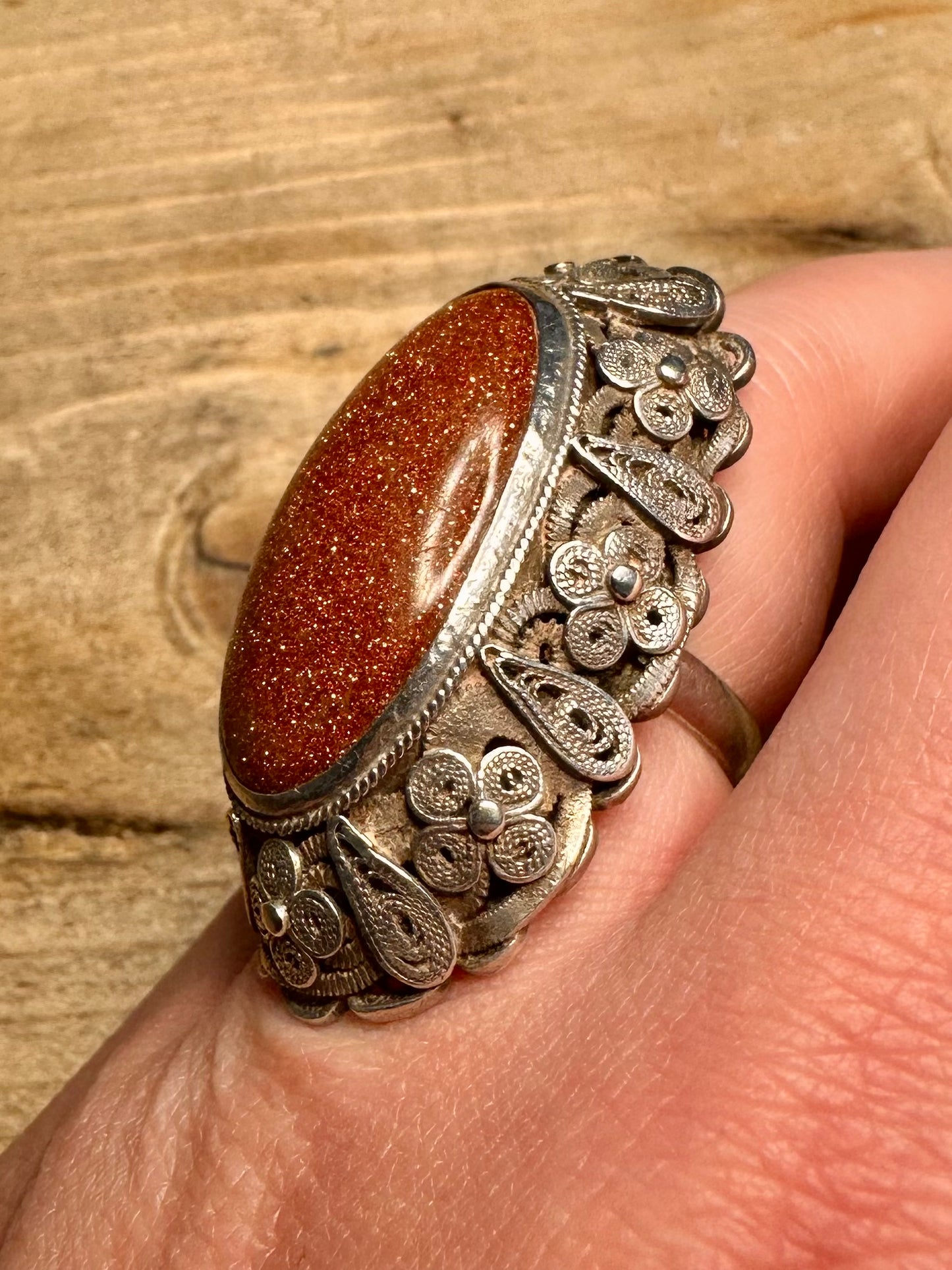 Vintage Large Sunstone Filigree Design 925 Silver Size N Ring