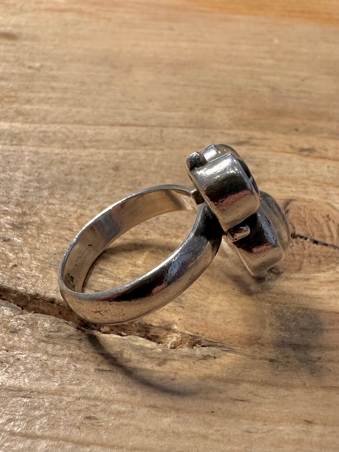 Abstract Moonstone and Black Stone 925 Silver Size M Ring