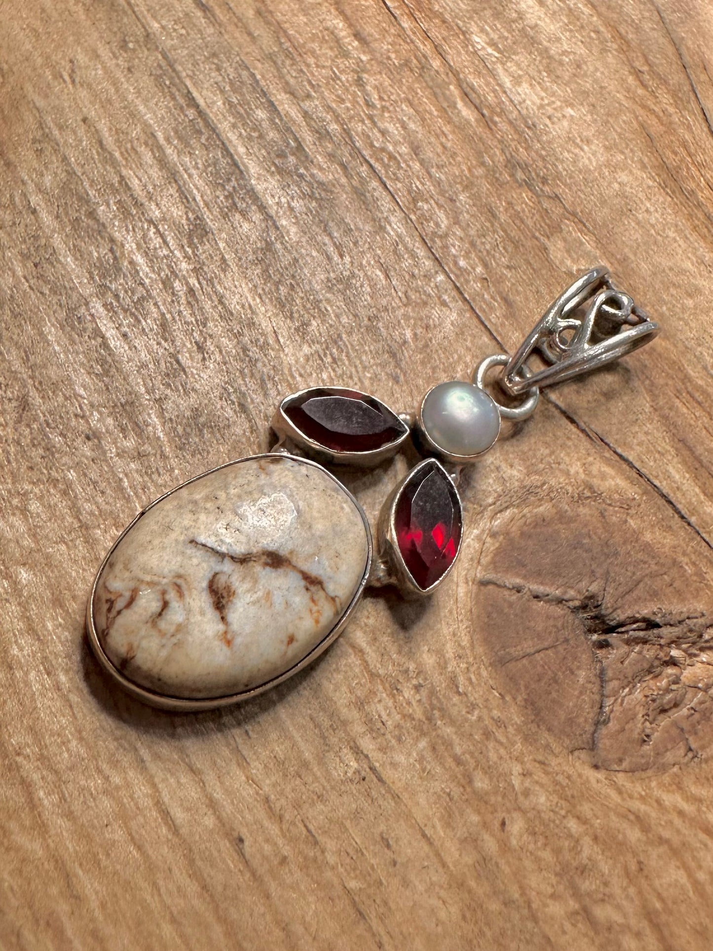 Vintage Agate Garnet and Pearl 925 Silver Pendant