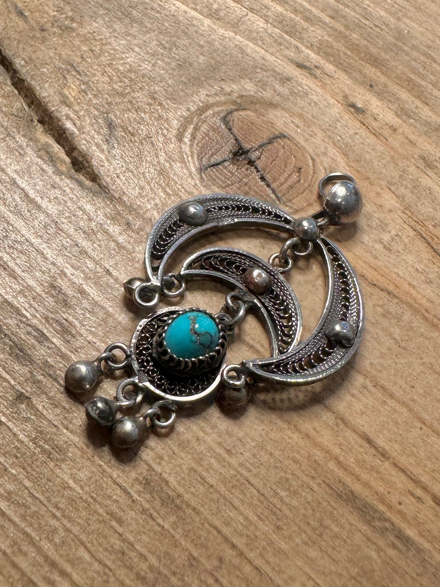 Vintage Turquoise Filigree 925 Silver Pendant