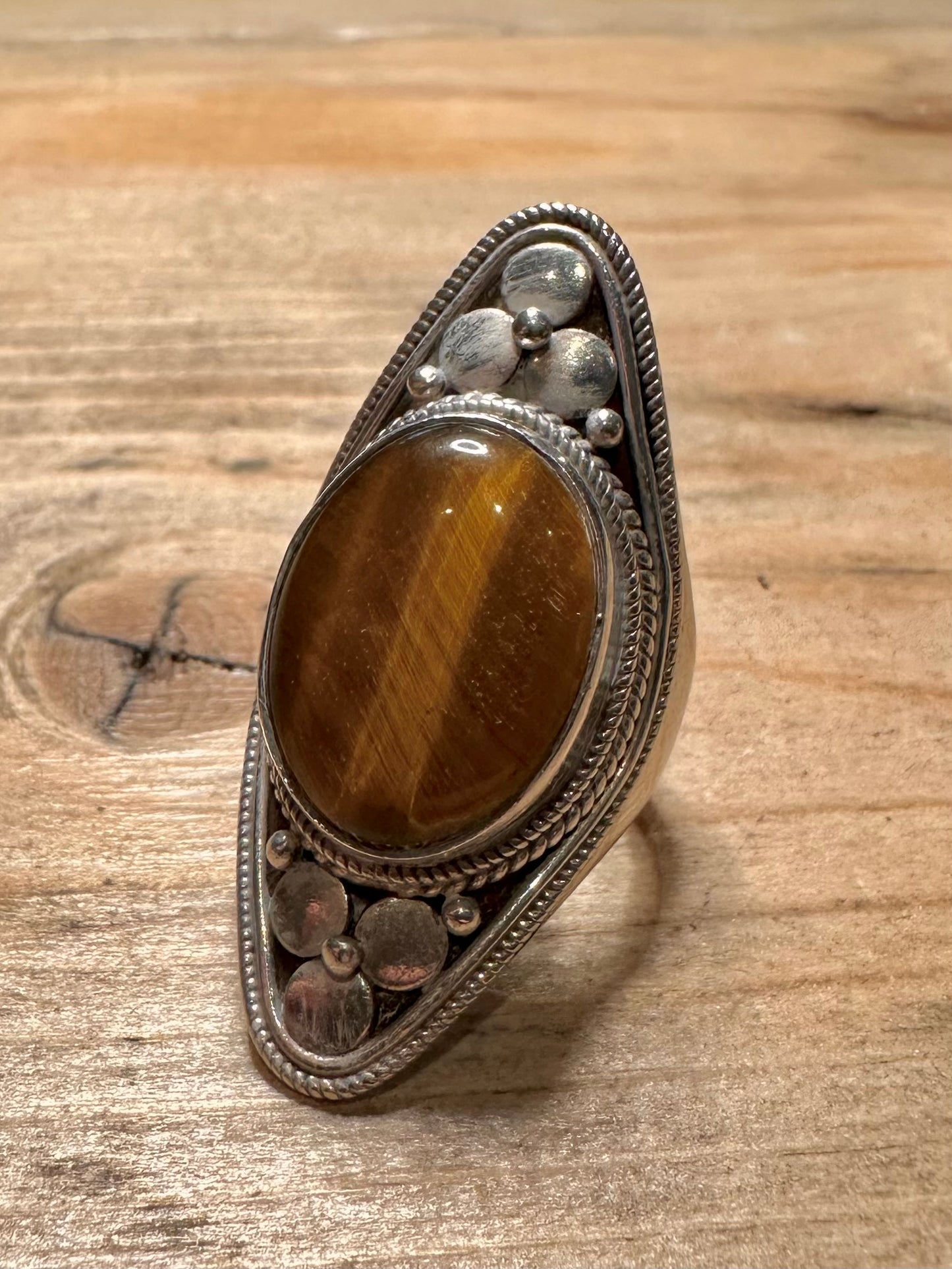 Vintage Large Tigers Eye Diamond Shape 925 Silver Size O1/2 Ring