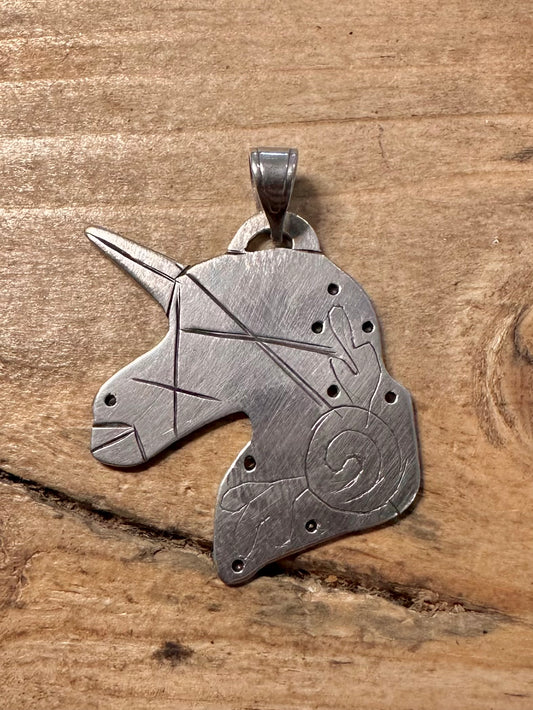 Vintage Engraved Unicorn 925 Silver Pendant
