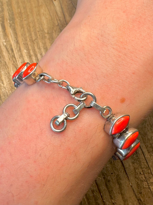 Coral Diamond Shaped Link 925 Sterling Silver 7.5 to 8.5 inch Bracelet
