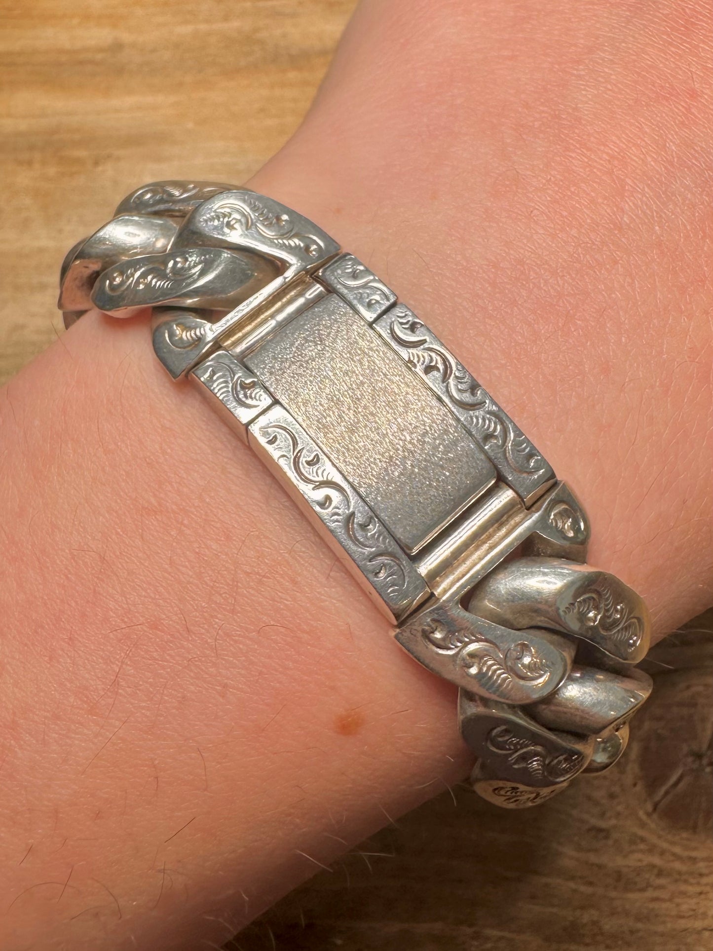 Vintage 1977 Heavy Chunky Engraved Curb Chain 925 Silver 7.5 inch Bracelet