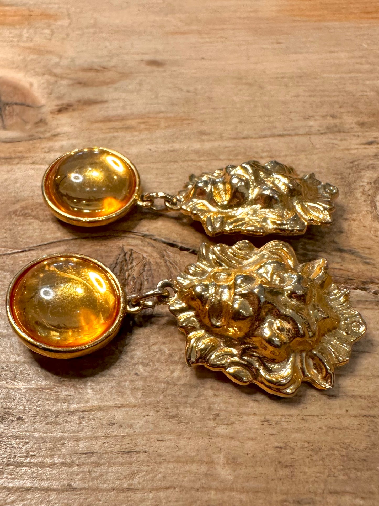 Vintage Lion Head and Orange Circles Gold Costume Earrings