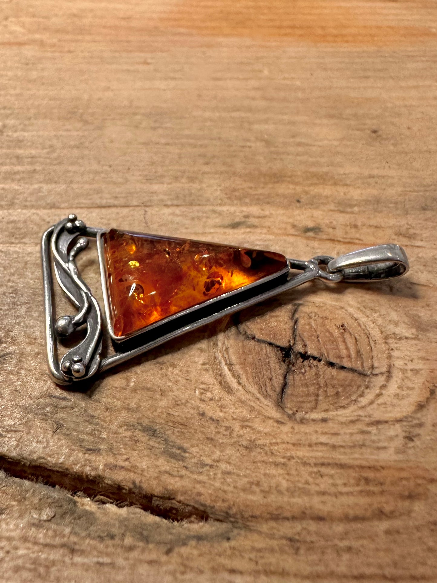 Vintage Amber Triangle 925 Silver Pendant