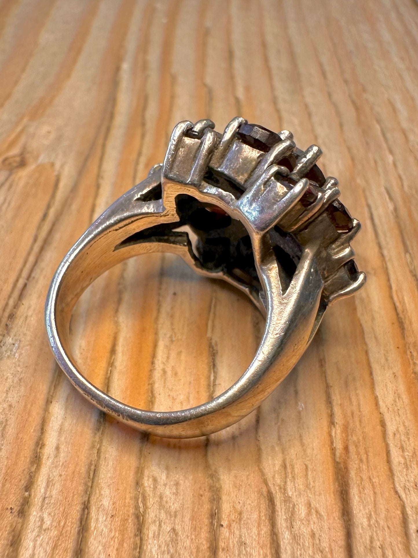 Vintage Red Stone Large Cluster 935 Sterling Silver Size O Ring