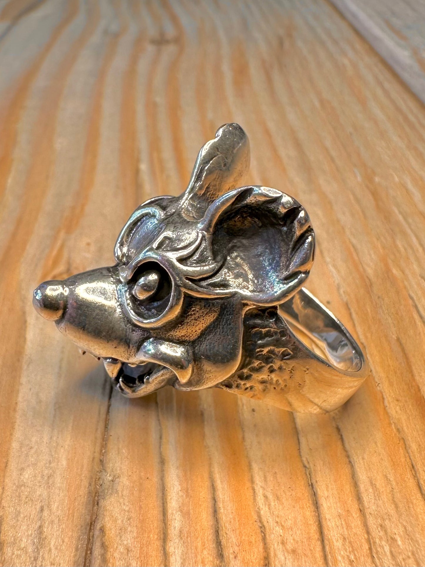 Vintage Scary Mouse Head 925 Sterling Silver Size S1/2 Ring