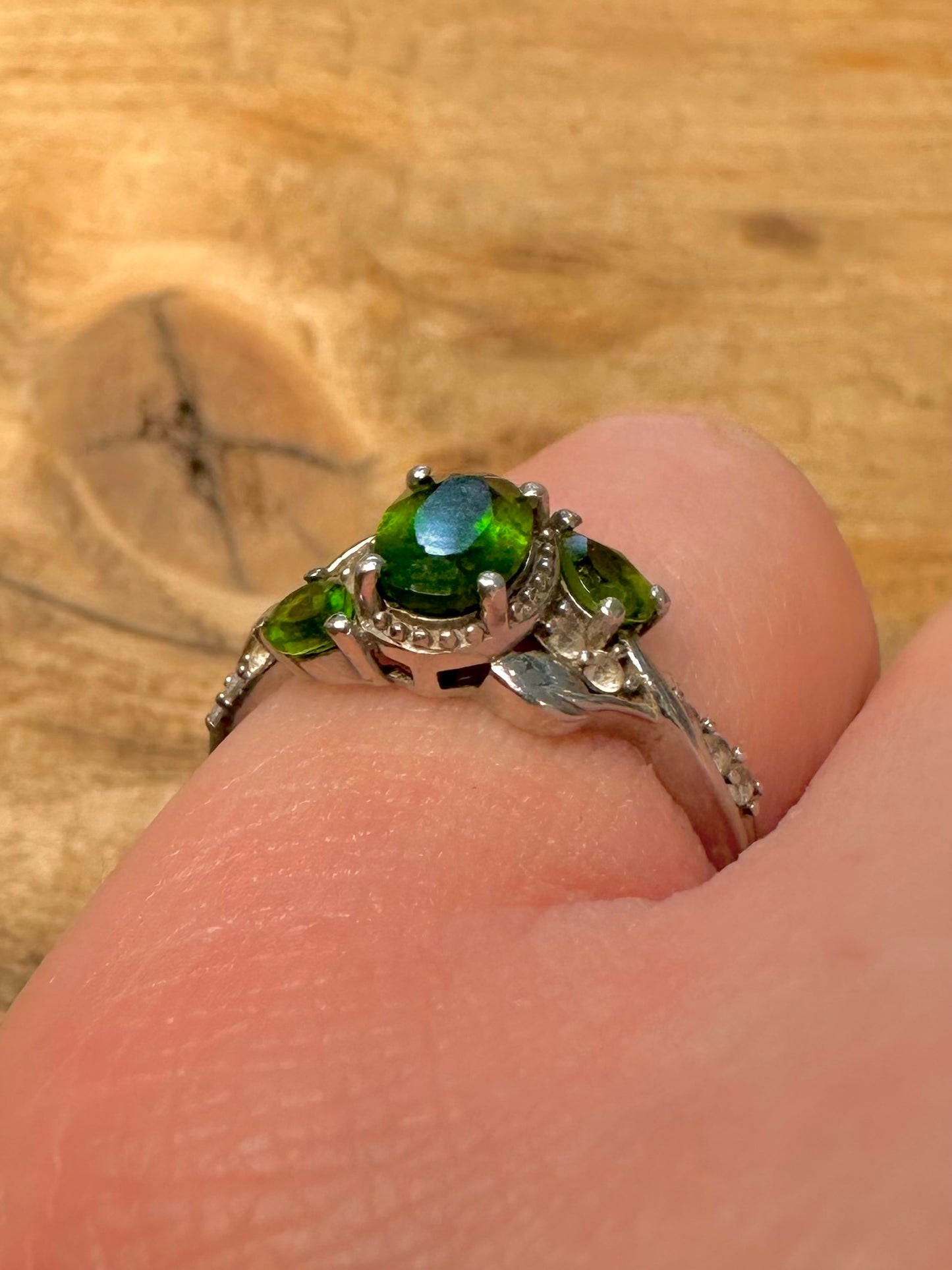 Vintage Diopside and CZ 925 Silver Size N Ring