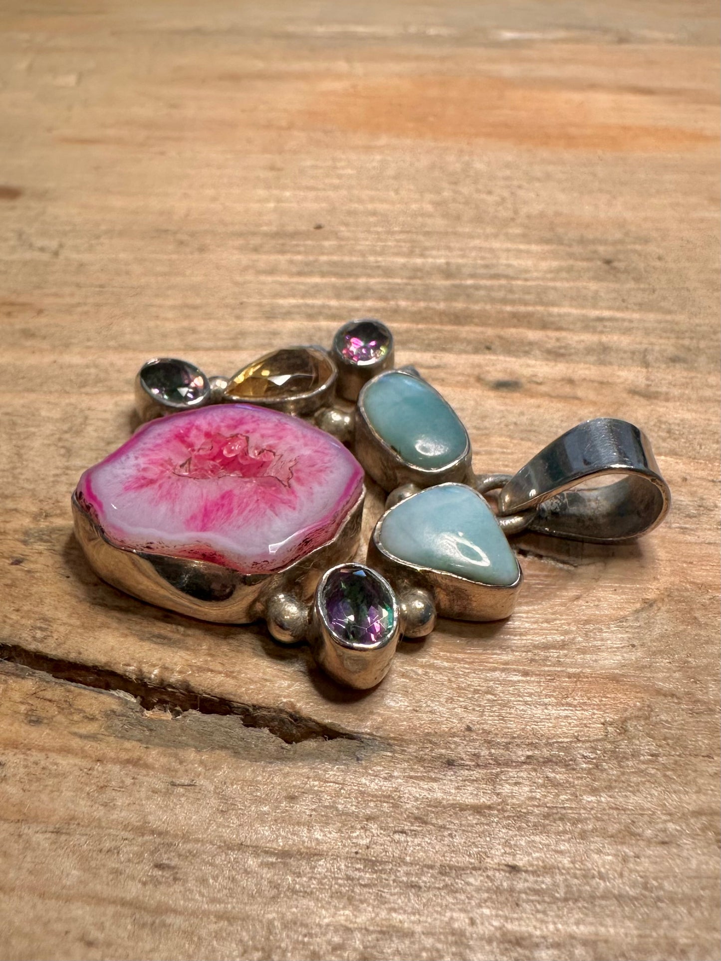Abstract Druzy Larimar Citrine Mystic Topaz 925 Silver Pendant