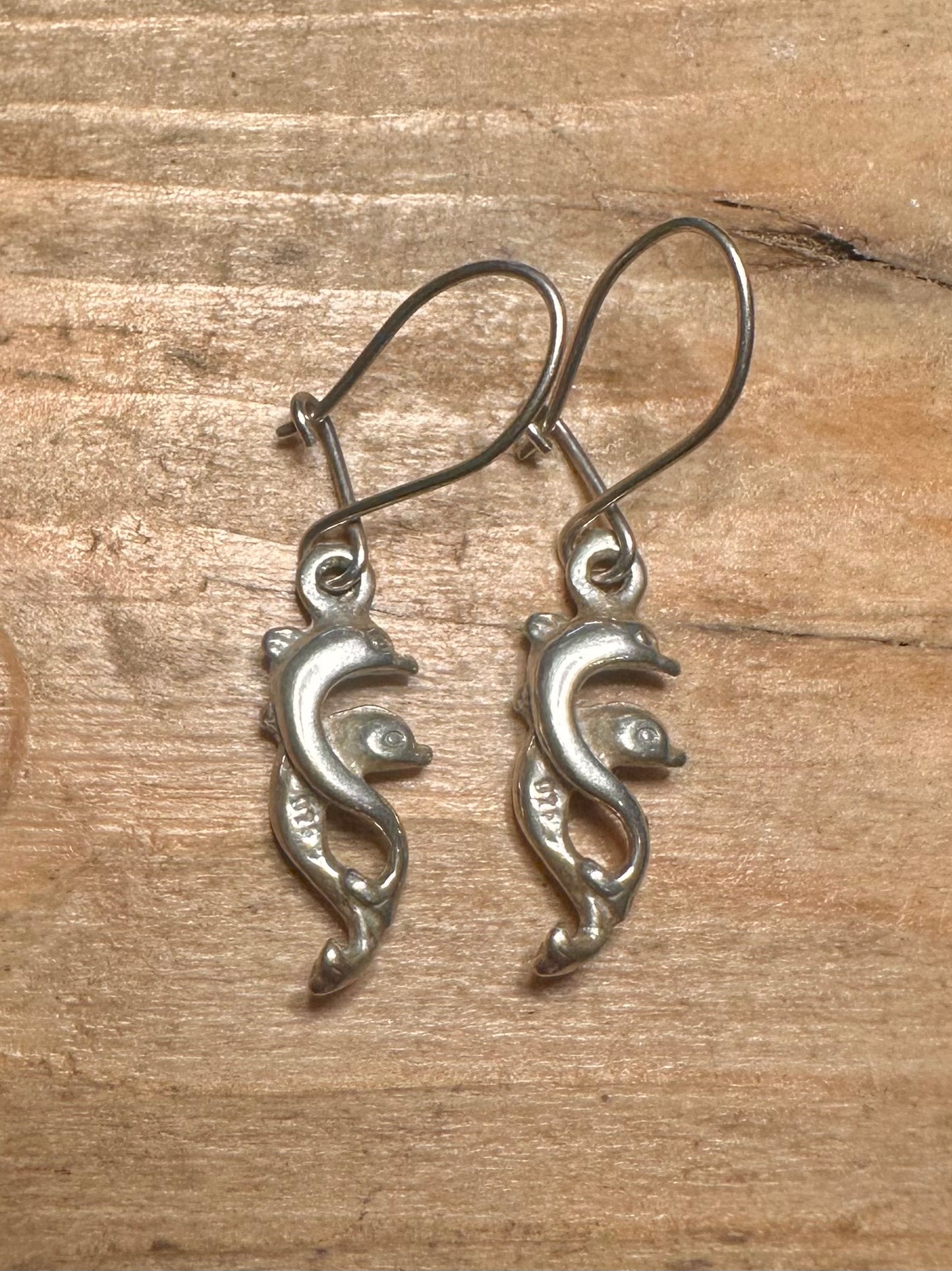 Vintage Double Dolphin 925 Silver Earrings