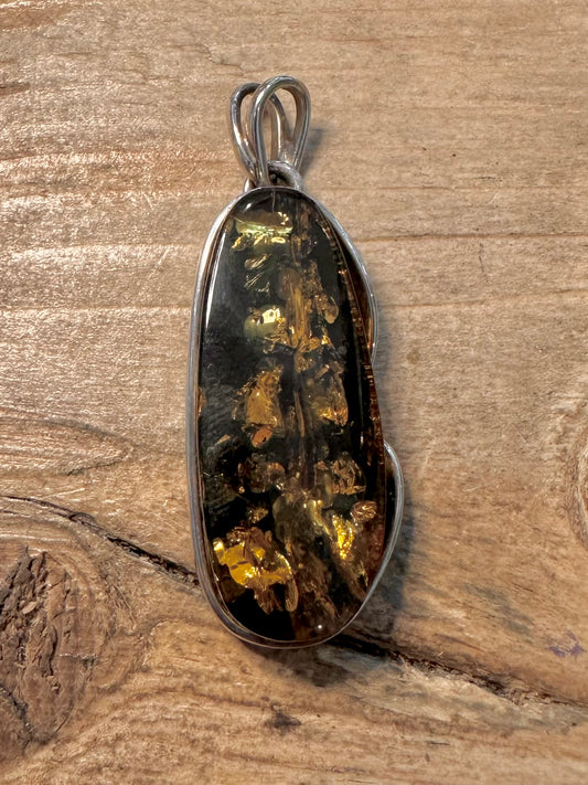 Modern Green Amber 925 Silver Pendant