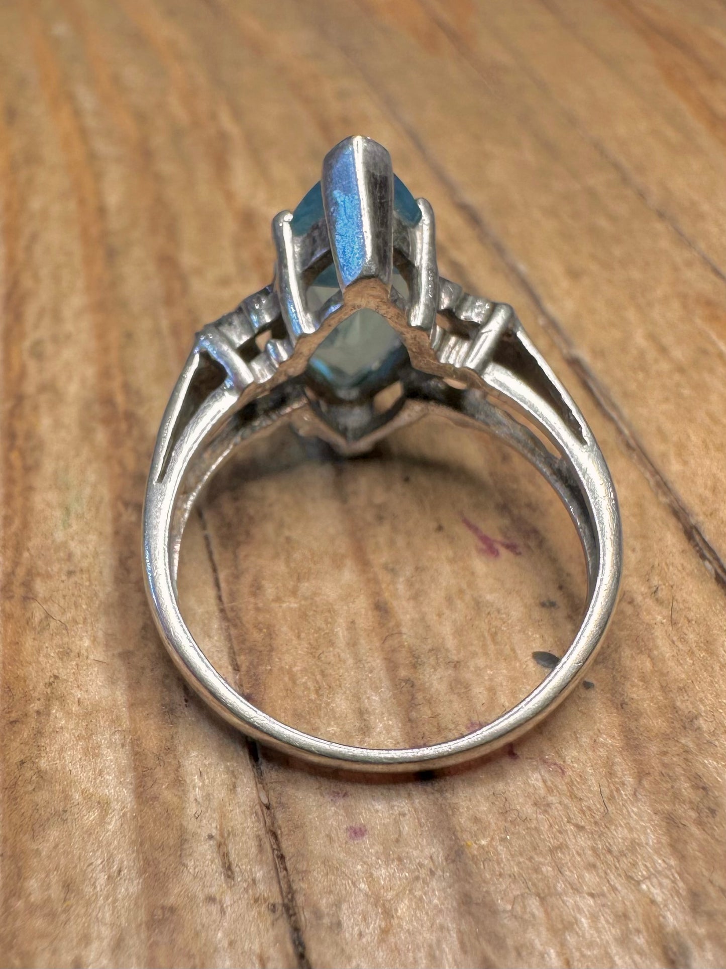 Vintage Marquise Cut Blue Topaz and CZ 925 Sterling Silver Size K Ring