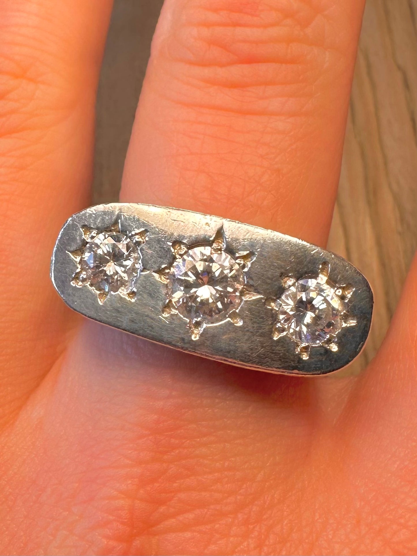 Modern 2024 Large Trio White CZ Engraved 925 Sterling Silver Size W1/2 Ring