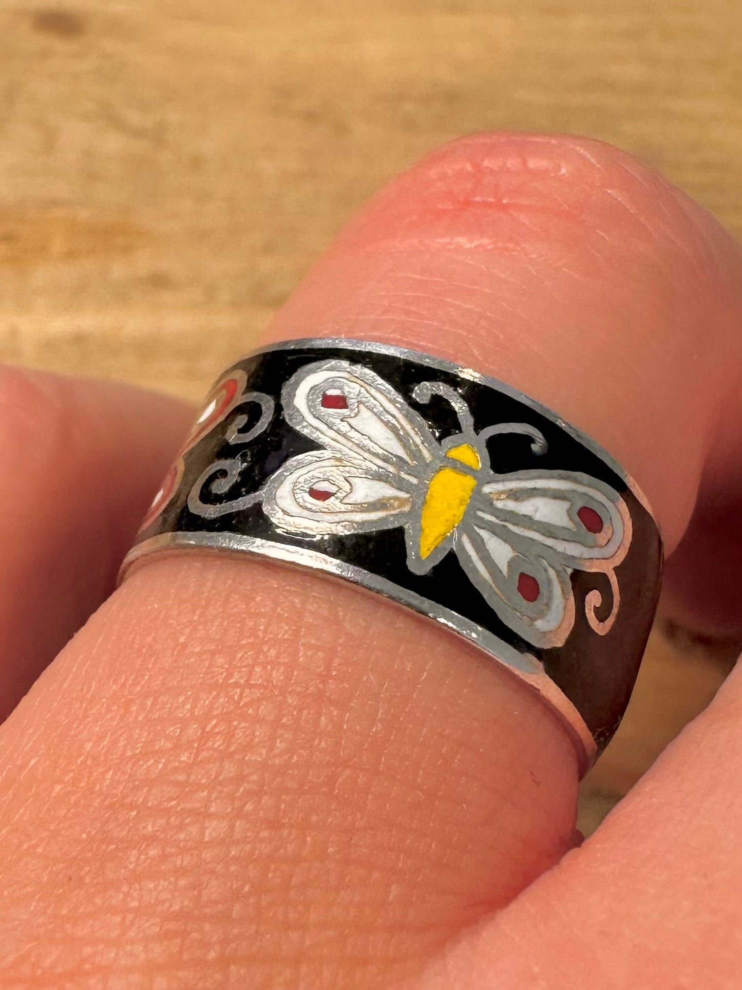 Vintage Enamel Butterfly 925 Silver Size R Ring