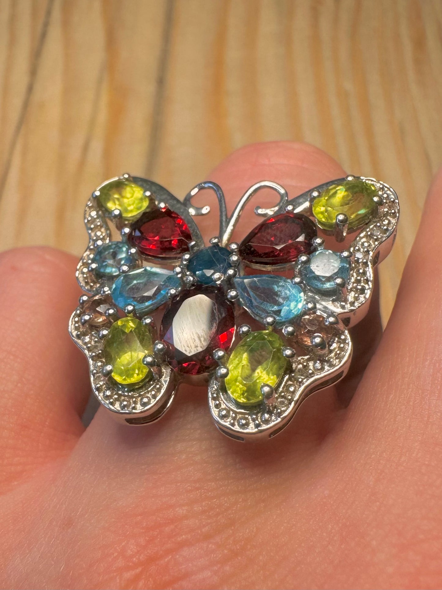 Modernist Multi Gemstone Butterfly 925 Silver Size R1/2 Ring