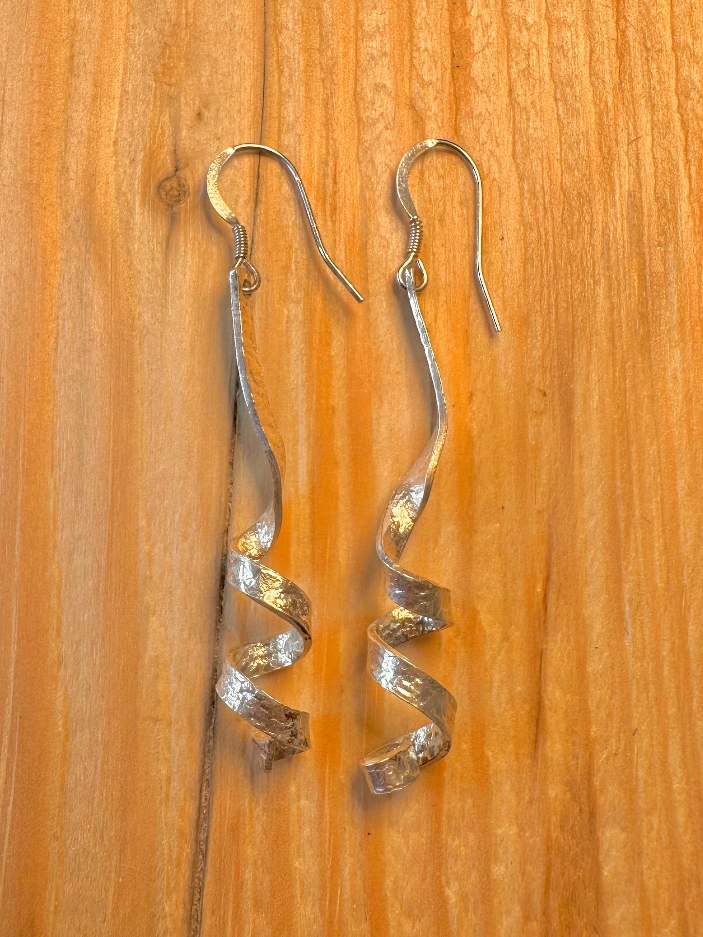 Abstract Hammered Long Twist 925 Silver Earrings