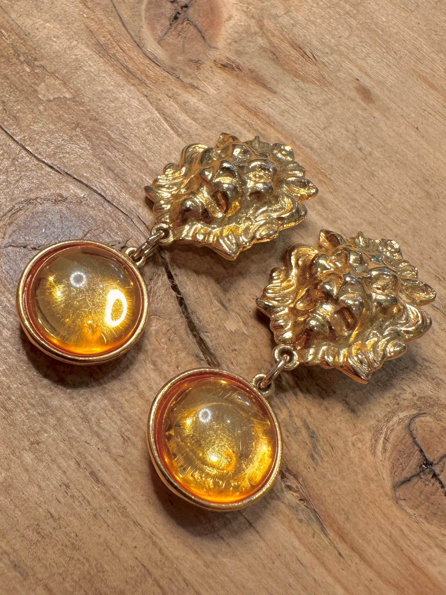 Vintage Lion Head and Orange Circles Gold Costume Earrings