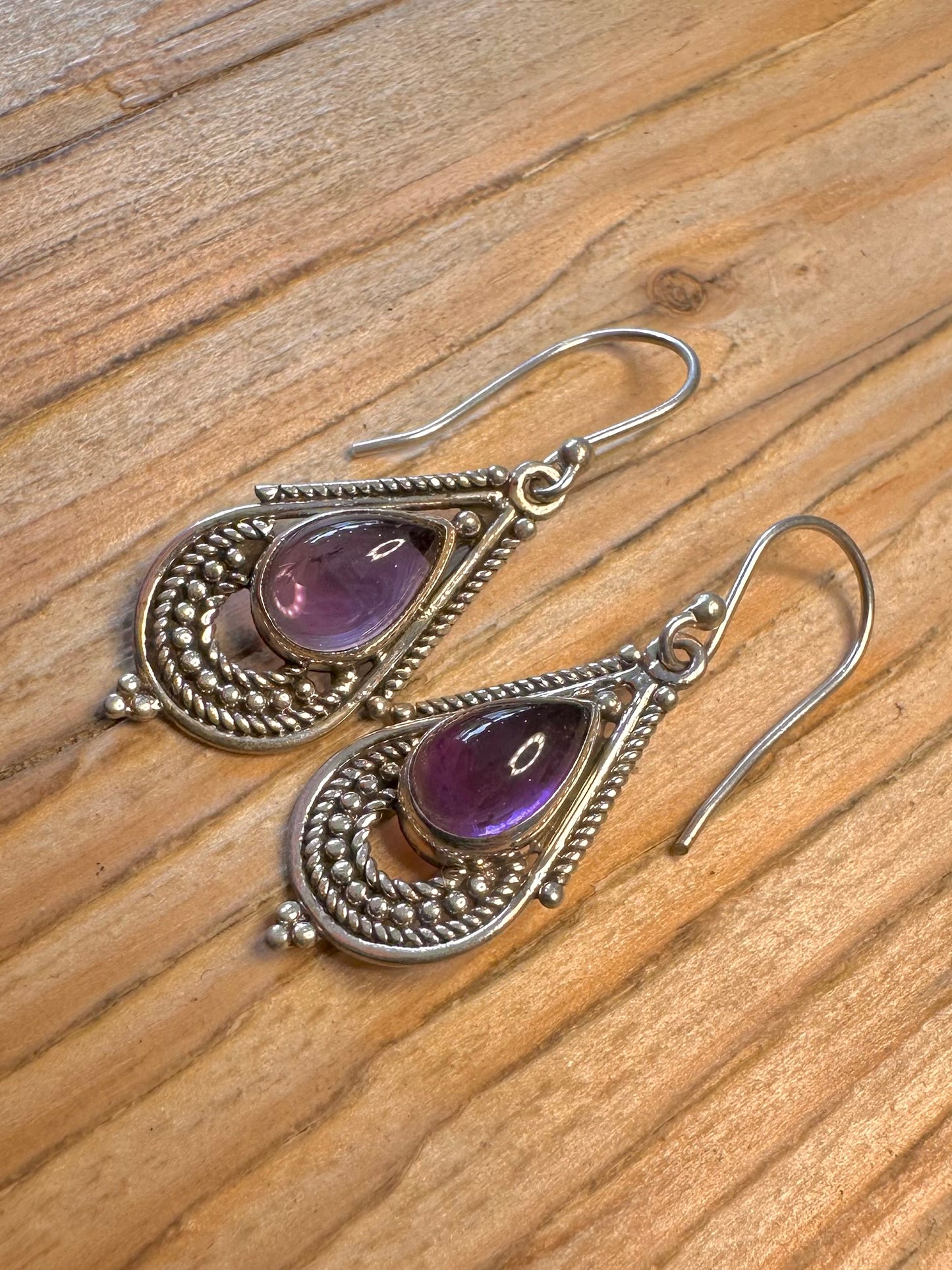 Vintage Amethyst Ornate 925 Sterling Silver Earrings